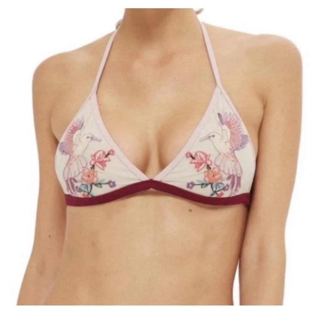 Topshop Embroidered Floral Bikini Top Size 4‎ Pink Halter Swimwear Y2K FairyCore